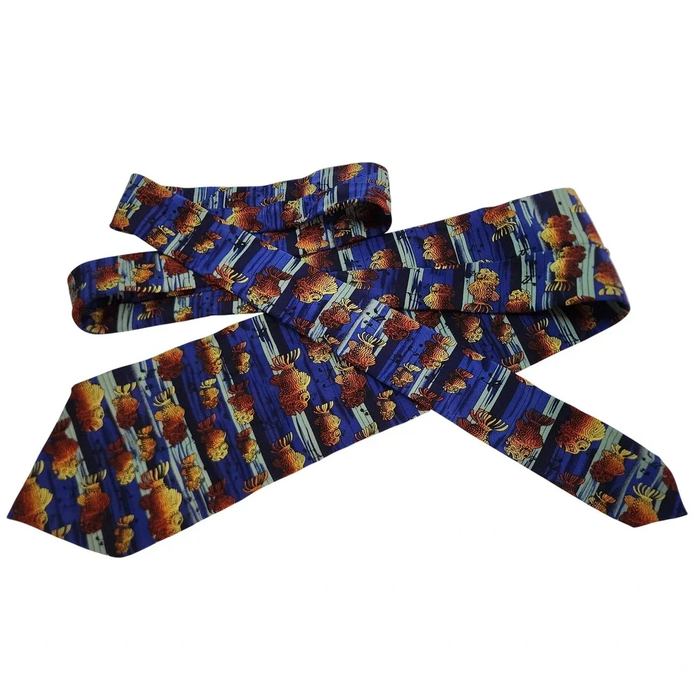 J Garcia Mens Silk Tie Blue Goldfish Fish Musical Notes‎ Art Necktie 4 x 58